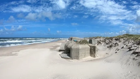 Concrete Bunker, Atlantic Wall, Second World War, memorial, North Sea, 4K Stock Footage 91686714