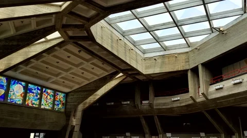 Concrete ceiling with windows and color vitrage Stock Footage 156750030