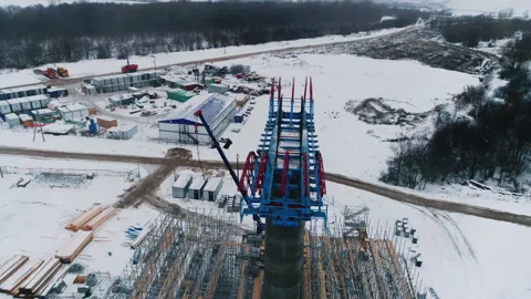 Concrete column with metal frame at bridge construction site Stock-Footage 237332397