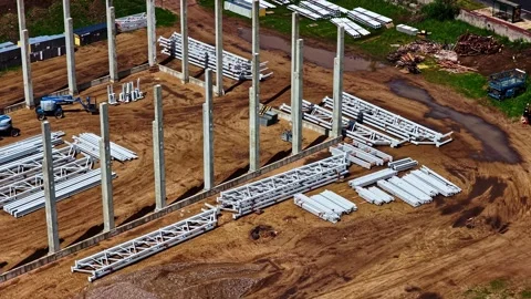 Concrete Columns and Steel Structure at Warehouse Construction Site Stock Footage 337388015