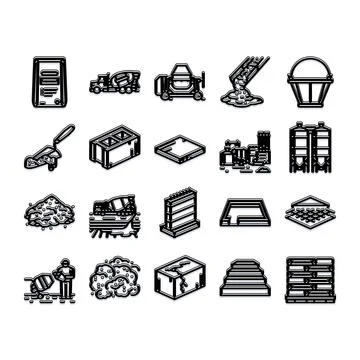 Concrete construction industry building material equipment icons Stock Illustration