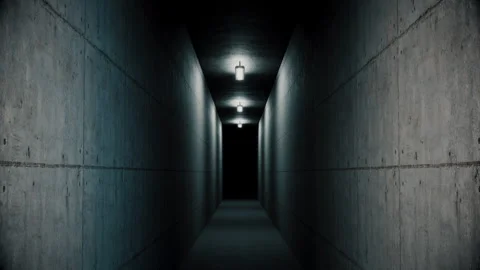 Concrete Corridor with Flickering Lights, Camera Rush Forward, Dark Tunnel Stock Footage 336716244