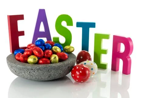 Concrete dish with easter eggs Stock Photos