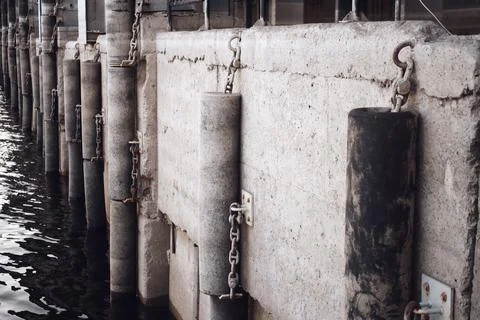 Concrete dock wall with attached rubber fenders and metal chains. Industria.. Stock Photos