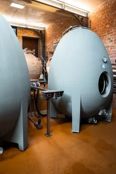 Concrete egg wine fermentation tanks inside a modern winery cellar Stock Photos