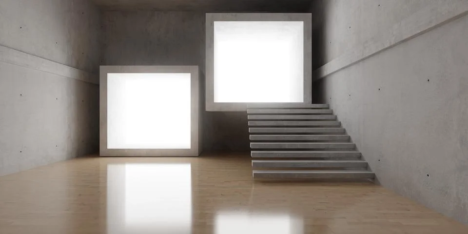 Concrete empty modern room with offset cubicles and concrete stairs and woo.. Stock Illustration
