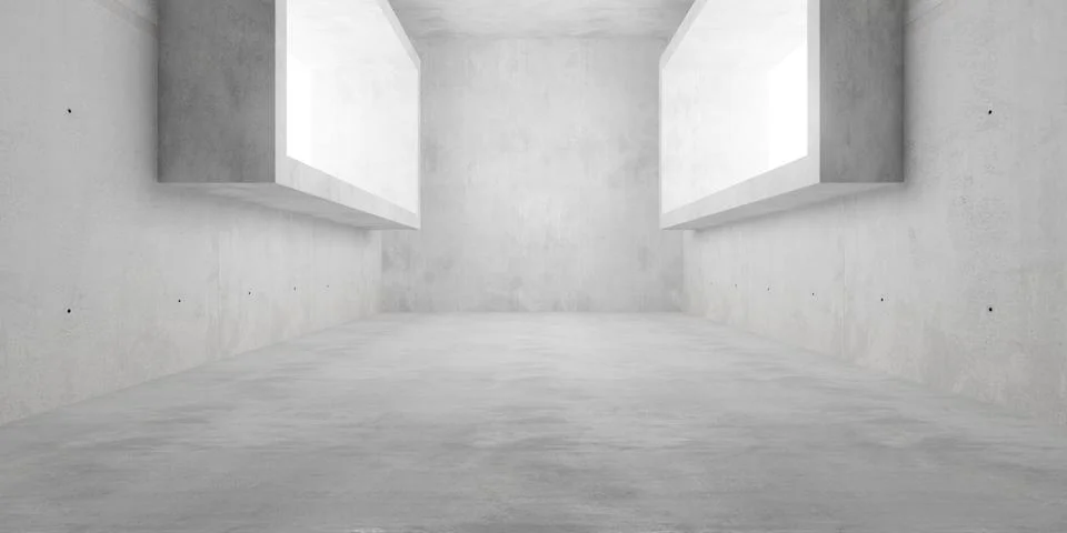 Concrete empty modern room with two rectangular large window frames and cop.. 스톡 일러스트