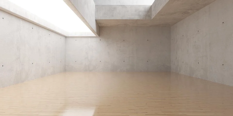 Concrete, empty room with a large ceiling light and wooden floor - industri.. Stock Illustration