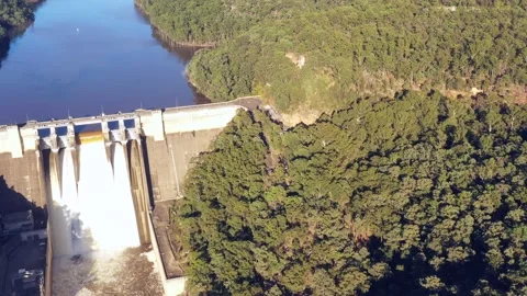 Concrete hydro dam on Warragamba river in Greater Sydney spill over 4k. Stock Footage 189602495