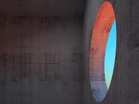 Concrete interior with an empty round window. 3d rendering Stock Illustration