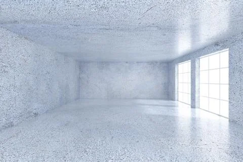 Concrete interior with empty wall, ceiling with windows and sunlight. Mock up Illustrazione stock