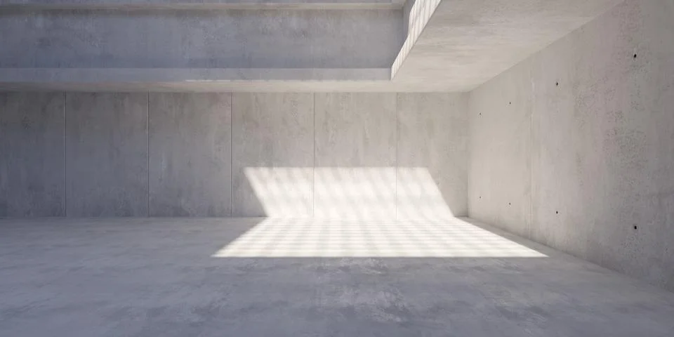 Concrete interior room with massive wall beams and sunlight thru ceiling gr.. Stock Illustration
