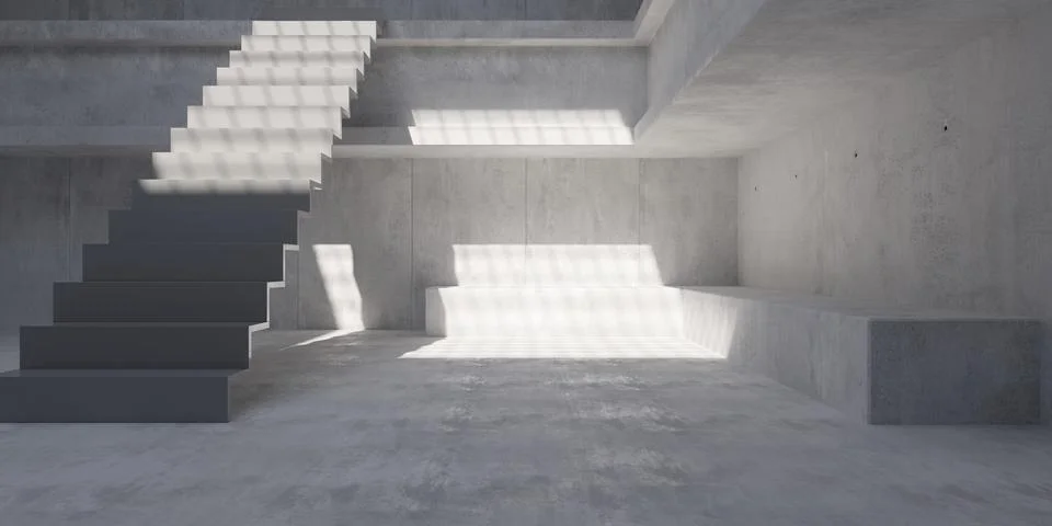 Concrete interior room with massive wall beams and stairs - modern butalism.. Stock Illustration