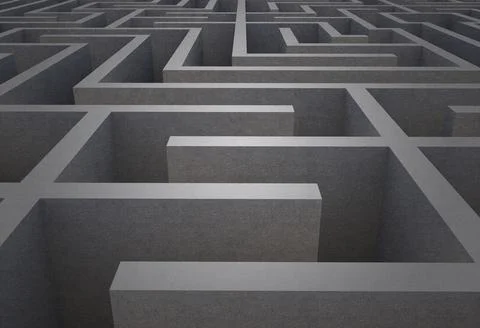 Concrete labyrinth corridor grid is unfolding in top-down 3D render, showing Illustrazione stock
