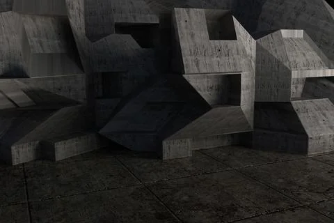 Concrete modular blocks are forming prisms on floor tiles in 3D render space Stock Photos