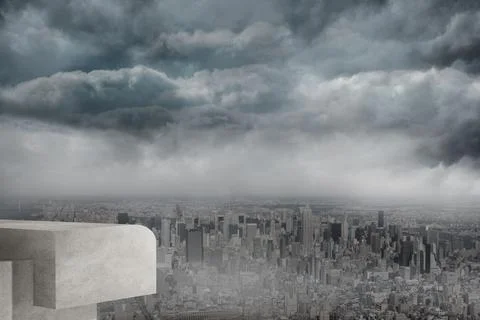 Concrete observation ledge is jutting from rooftop overlooking stormy skyline in Stock Illustration