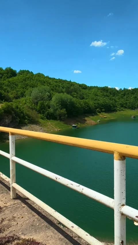 Concrete path leads toward forested hillside. Zavoj Lake, Serbia. Vertical Stock Footage 337495567