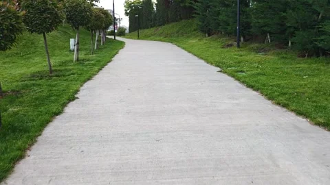 Concrete path winding through green park in residential area Stock-Footage 310408712