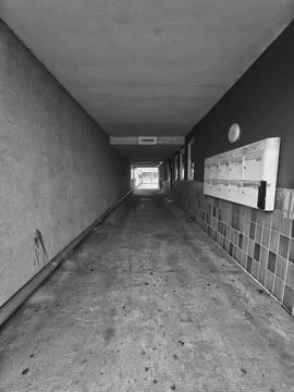 Concrete Pathway Extends Into Shadowed Depths With Contrasting Light And Dark Stock Photos