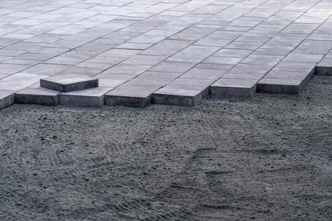 Concrete paver installation process, Stock Photos