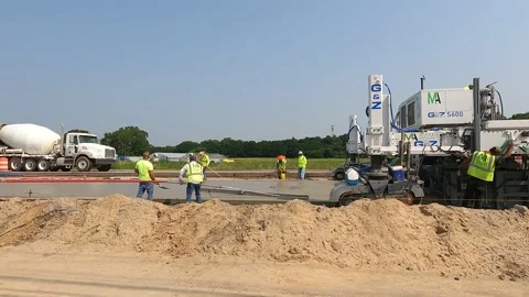 Concrete Paving Machine Technology People Working Road Construction 4K Video stock 158334871