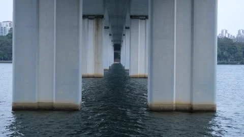 Concrete pillars under bridge over flowing river water. Minimalist aesthetics Vídeos de archivo 295252503