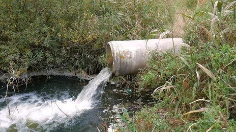 Concrete pipe transporting the polluted water in to a small pond Stock Footage 116156288