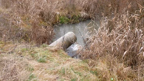 Concrete pipe transporting the polluted water to a small pond Stock Footage 119886449