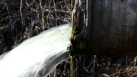 Concrete pipe transporting the poluted river Stock Footage 88308249