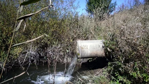 Concrete pipe transporting the poluted river Stock Footage 95750936