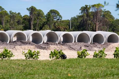 Concrete pipes for the construction of objects lie on the ground Stock Photos