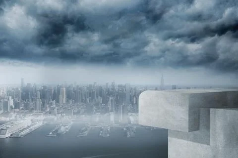 Concrete platform is overlooking harbor in vector art with docks cruise port Stock Photos