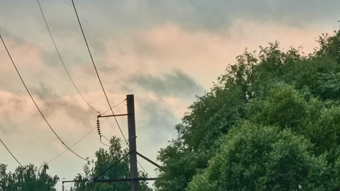 Concrete pole with high-voltage electric wires against the background of the  스톡 동영상 158505877