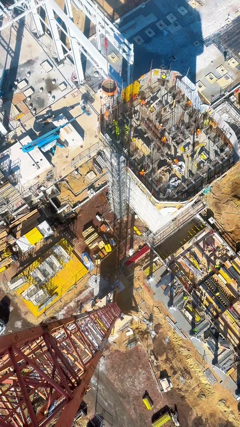 Concrete Pouring Timelapse with Workers Seen from Tower Crane Stock Footage 307436879