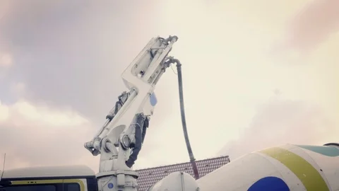 Concrete pump, sky in background. Construction machinery, ground works Stock Footage 87776015