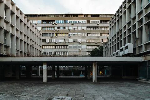 Concrete residential complex forms a geometric courtyard in Belgrade. Urban.. 写真素材