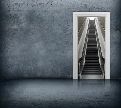 Concrete room with access to escalator through the doorway Illustrazione stock