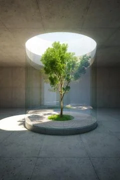 Concrete space interior with tree inside, 3d rendering Stock Illustration