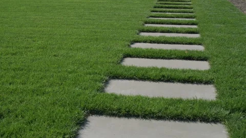 Concrete stepping stone path on a green lawn    Stock Footage 346788228