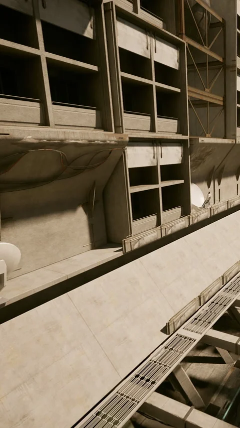 Concrete structure with furniture inside a large building in a modern space Stock Footage 341963814