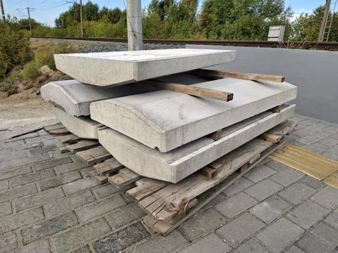 Concrete structures, blocks for supporting metal railings near a railway 写真素材