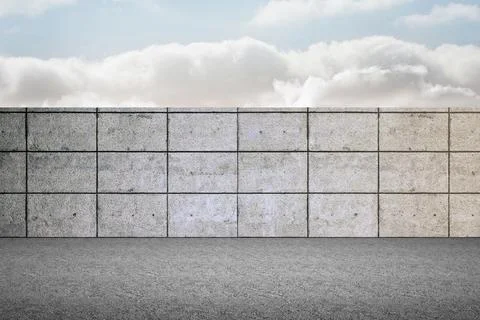 Concrete tiled wall is standing on flat paved ground under partly cloudy sky in 스톡 일러스트