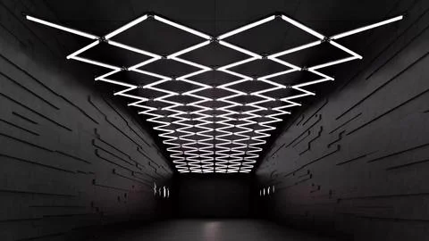 Concrete Tunnel with Zigzag White LED Ceiling Grid Stock Illustration