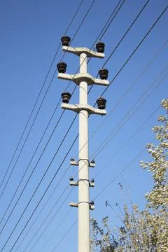 Concrete Utility Pole With Parallel Power Lines Stock Photos