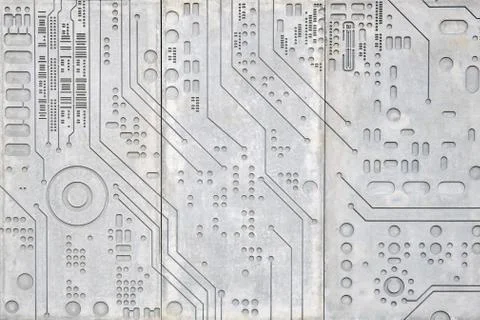 Concrete wall background with carved pattern of digital electronics circuit Foto stock