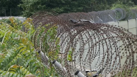 Concrete Wall With Barbed Wire Fence Near Berlin Tegel Airport TXL Close Up Stock Footage 337272143