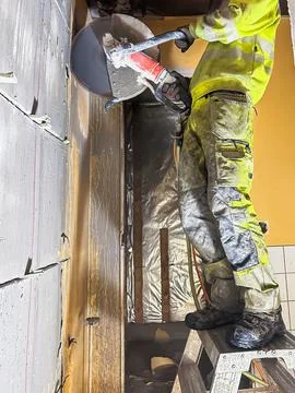 Concrete wall section cut during construction work. Stock Photos
