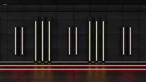 Concrete Wall with Vertical Neon Tubes and Red Floor Light Lines Stock Footage 346780799