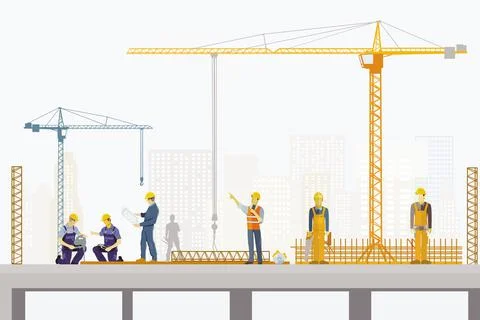 Concrete worker and structural engineer on the construction site, illustration Stock Illustration