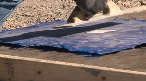 Concrete worker stamps pattern into surface of wet cement Stock Footage 39909521